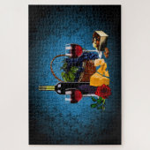 Puzzle Bouteille/raisin/panier, fromage, chocolat, Bleu (Vertical)