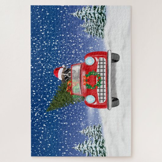 Puzzle Boxer Chien Conduite Voiture En Neige Noël Jigsaw (Vertical)