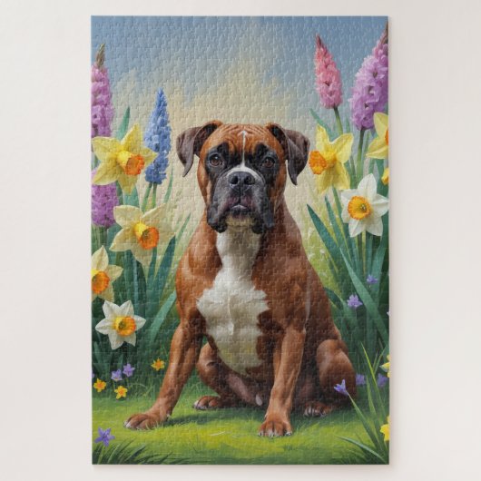 Puzzle Boxer Chien Fleurs de printemps Peinture (Vertical)