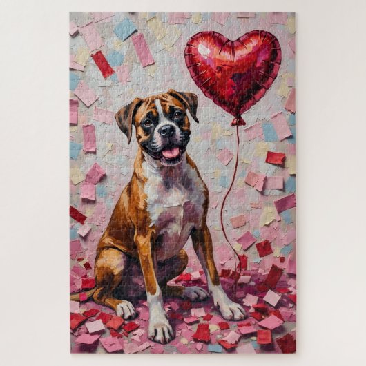 Puzzle Boxer Dog Valentine's Day Heart Balloon Fun (Vertical)