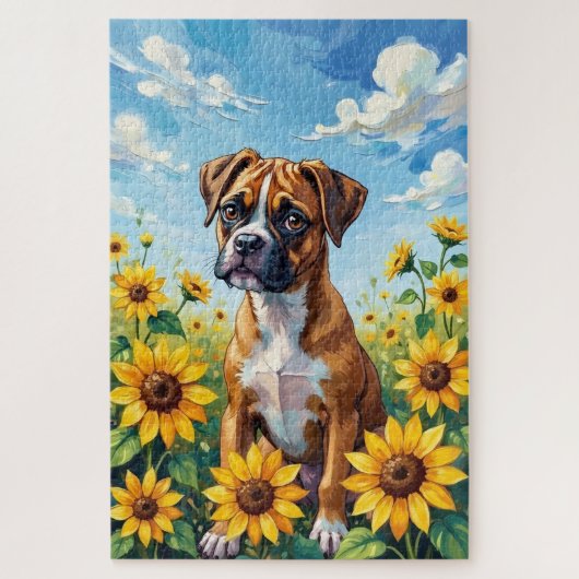 Puzzle Boxer Spring Sunflower Field Dog (Vertical)