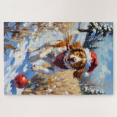 Puzzle Brittany Spaniel Chasing Christmas Ornament Hat (Horizontal)