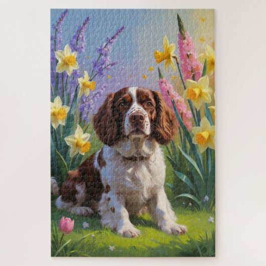 Puzzle Brittany Spaniel Chien Fleurs de printemps Peintur (Vertical)