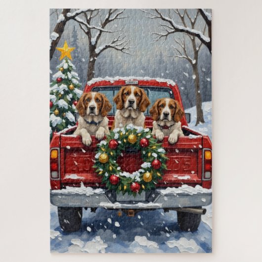 Puzzle Brittany Spaniel Christmas Red Truck Holiday (Vertical)