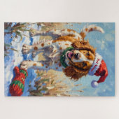 Puzzle Brittany Spaniel Pointing at Santa's Glove Hat (Horizontal)