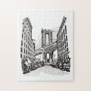 Puzzle Brooklyn Bridge New York Black White Illustration
