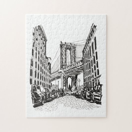 Puzzle Brooklyn Bridge New York Black White Illustration (Vertical)
