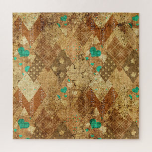 Puzzle Brown Grunge Quilt Stars Coeurs