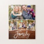 Puzzle Brush Script Family 4 Photo Rustique Bois Imprimer<br><div class="desc">Brosse moderne Famille 4 Photo puzzle avec bois rustique Imprimer</div>