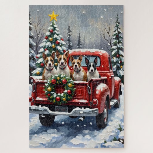 Puzzle Bull Terrier Christmas Red Truck Holiday (Vertical)