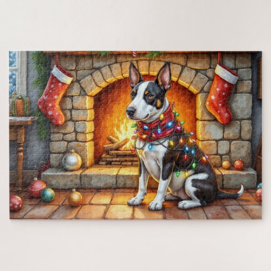 Puzzle Bull Terrier Fireplace with Christmas Lights (Horizontal)