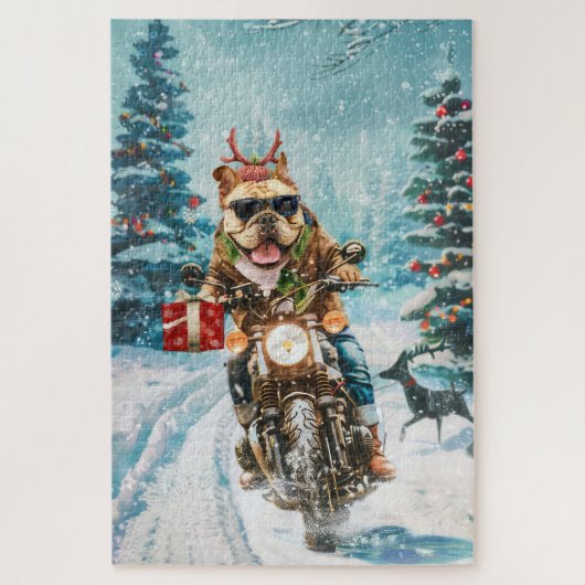 Puzzle Bulldog à moto Noël (Vertical)