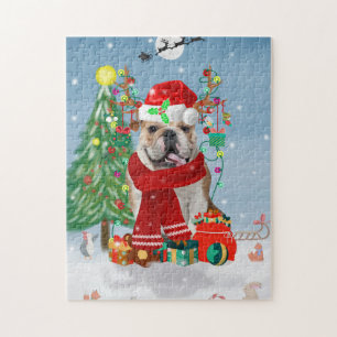 Puzzle Bulldog anglais en neige avec cadeaux de Noël