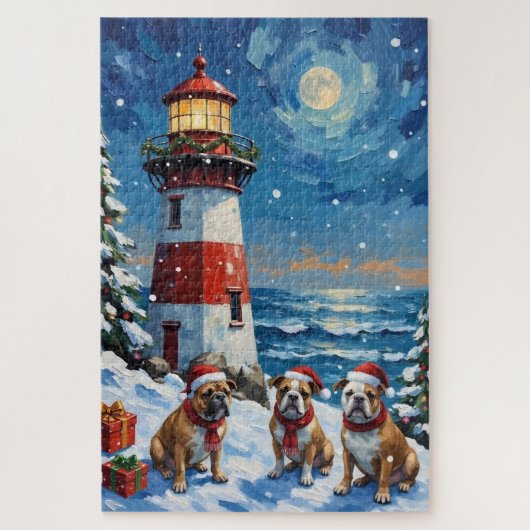 Puzzle Bulldog Christmas Lighthouse Holiday (Vertical)