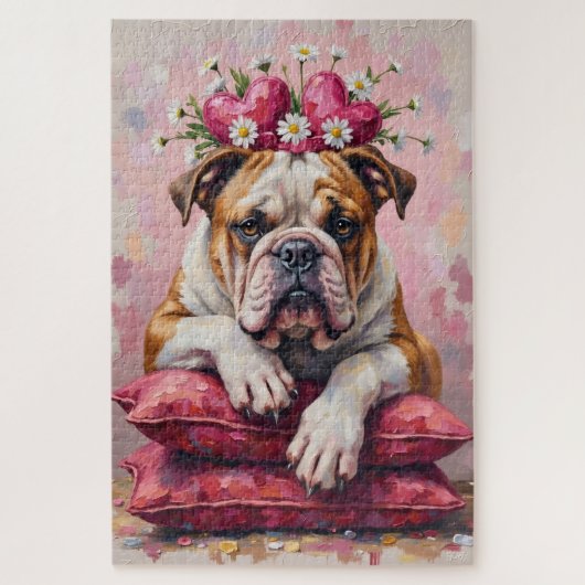 Puzzle Bulldog Dog Valentine's Day Heart Ribbon Crown (Vertical)