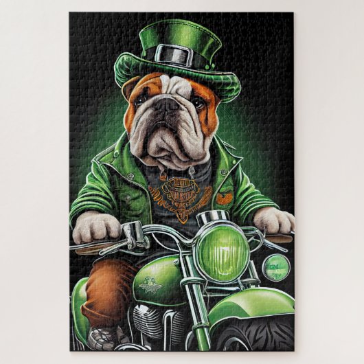 Puzzle Bulldog Driving Bike St. Patrick's Day (Vertical)