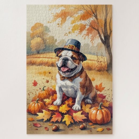 Puzzle Bulldog En Automne Laisse L'Art Thanksgiving (Vertical)