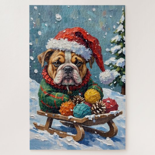 Puzzle Bulldog Grumpy Rider in Christmas Sled Hat (Vertical)