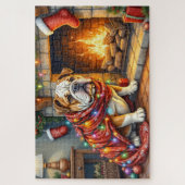 Puzzle Bulldog Sitting by Fireplace with Christmas Lights (Vertical)