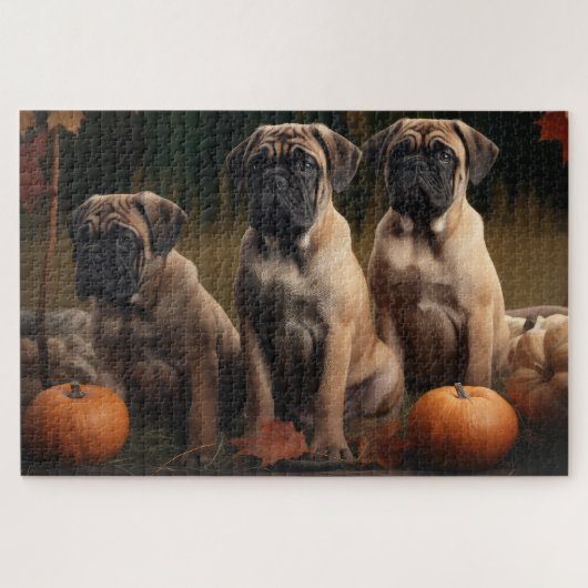 Puzzle Bullmastiff Chiot Automne Citrouille de plaisir (Horizontal)