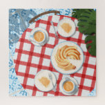 Puzzle Bundt Cake and Coffee for Two<br><div class="desc">Charmant et confortable brunch du dimanche avec des amis. Table de café plat avec gâteau bundt et cappuccino café pour deux sur une table avec un tissu de table rouge & blanc à damiers. Le sol est recouvert de carrelage plante de Monstera et de carrelage espagnol traditionnel. J'adorerais voir ce...</div>