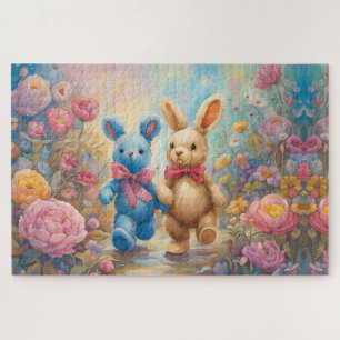 Puzzle Bunnies Stuffés Dans un Jardin Pastel