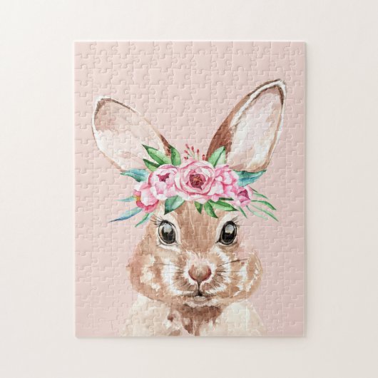 Puzzle Bunny D'Aquarelle Rose Pastel Moderne Avec Fleurs (Vertical)