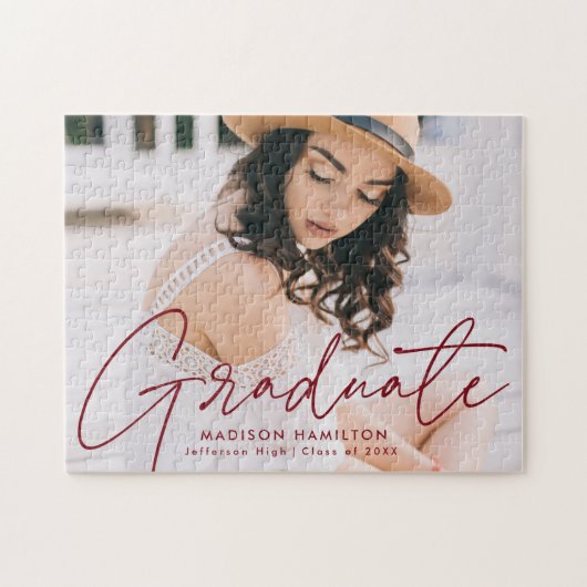 Puzzle Burgundy Moderne Script Photo Graduation (Horizontal)