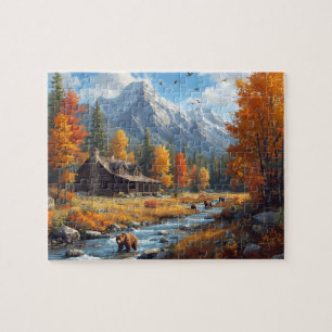 Puzzle Cabane d'automne ours rivière montagne paysage