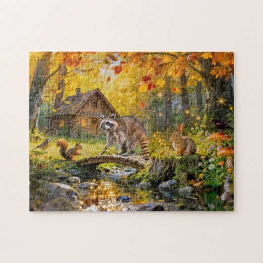 Puzzle Cabane de forêt automnale avec animaux de la forêt (Horizontal)