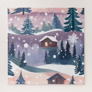 Puzzle Cabane de montagne enneigée aquarelle