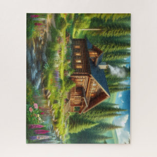 Puzzle Cabane en rondins, ruisseau et fleurs dans les boi
