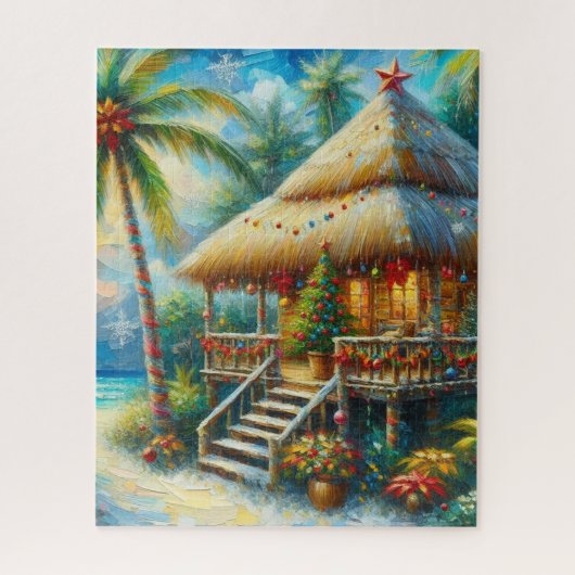 Puzzle Cabane Tropicale Noël Palm Tree Beach Lumières (Vertical)