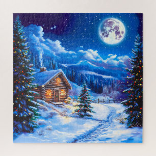Puzzle Cabine de Noël sous la lune d'hiver enneigé