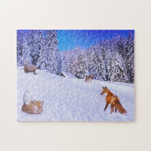 Puzzle Cabine d'hiver avec des amis de la faune (Horizontal)