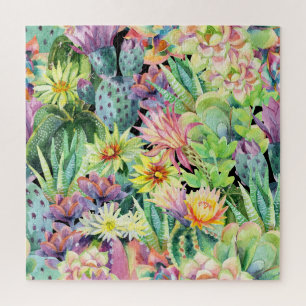 Puzzle Cactus en floraison, motif aquarelle transparent.