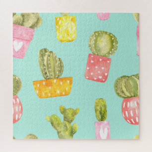 Puzzle Cactus épineux dans les pots, motif aquarelle.