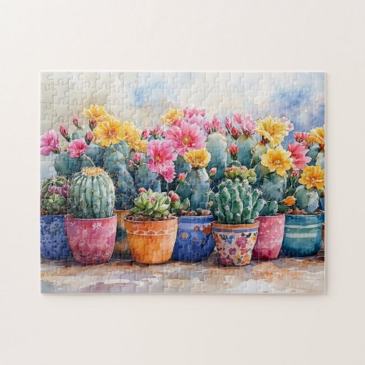 Puzzle Cactus et fleurs d'aquarelle de printemps (Horizontal)