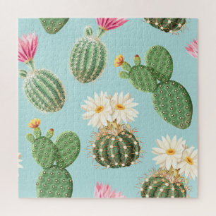 Puzzle Cactus, fleurs roses : décor clair