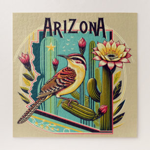Puzzle Cactus Wren Bird and Blossom of the Saguaro Cactus