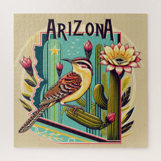 Puzzle Cactus Wren Bird and Blossom of the Saguaro Cactus