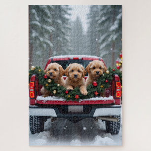 Puzzle Cadeau de vacances Yorkipoo camion rouge Noël
