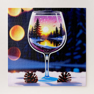 Puzzle Cadeau Verre à Vin Coucher de Soleil d'Hiver pour