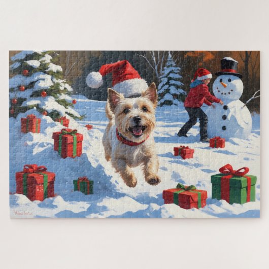 Puzzle Cairn Terrier Courir en neige avec le Casquette de (Horizontal)