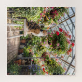 Puzzle Calico Cat on a Stool in a Greenhouse (Horizontal)