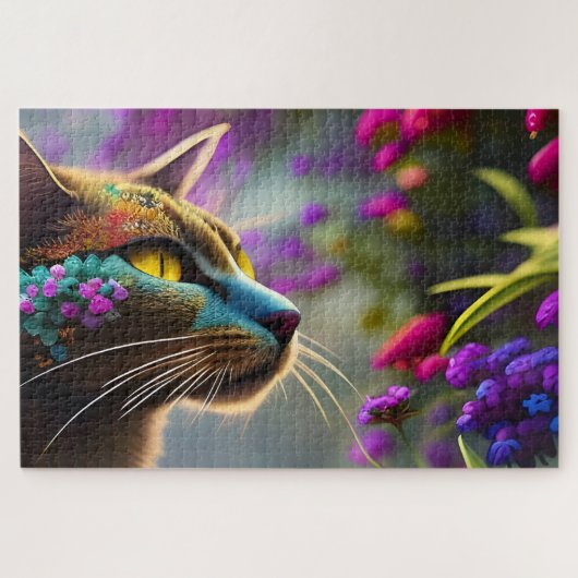 Puzzle Calico chat à fleurs bleues, Imaginaire (Horizontal)