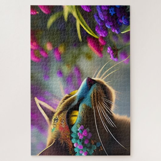 Puzzle Calico chat à fleurs bleues, Imaginaire (Vertical)
