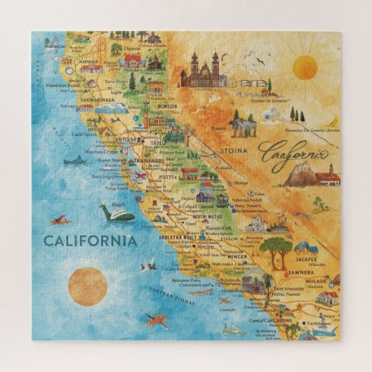 Puzzle California Illustrated Watercolor Map Art (Vertical)