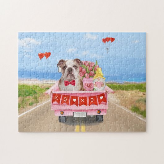 Puzzle Camion de la Saint-Valentin à coeurs avec Bouledog (Horizontal)