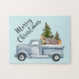 Puzzle Camion de Noël avec pins et animaux de forêt